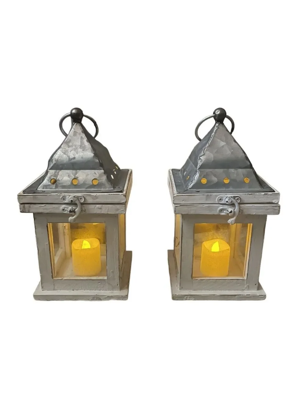 Rustic White Metal Lantern Pair with Glittery LED Candles